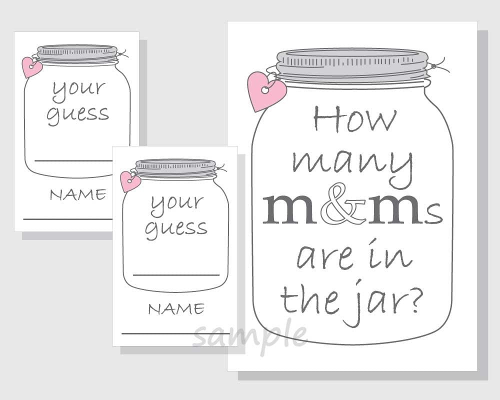 How many M&Ms are in the jar? Printable Game - Candy - Candies - Mason Jar  - Gender Neutral Baby Shower - Bridal Shower - pink hearts