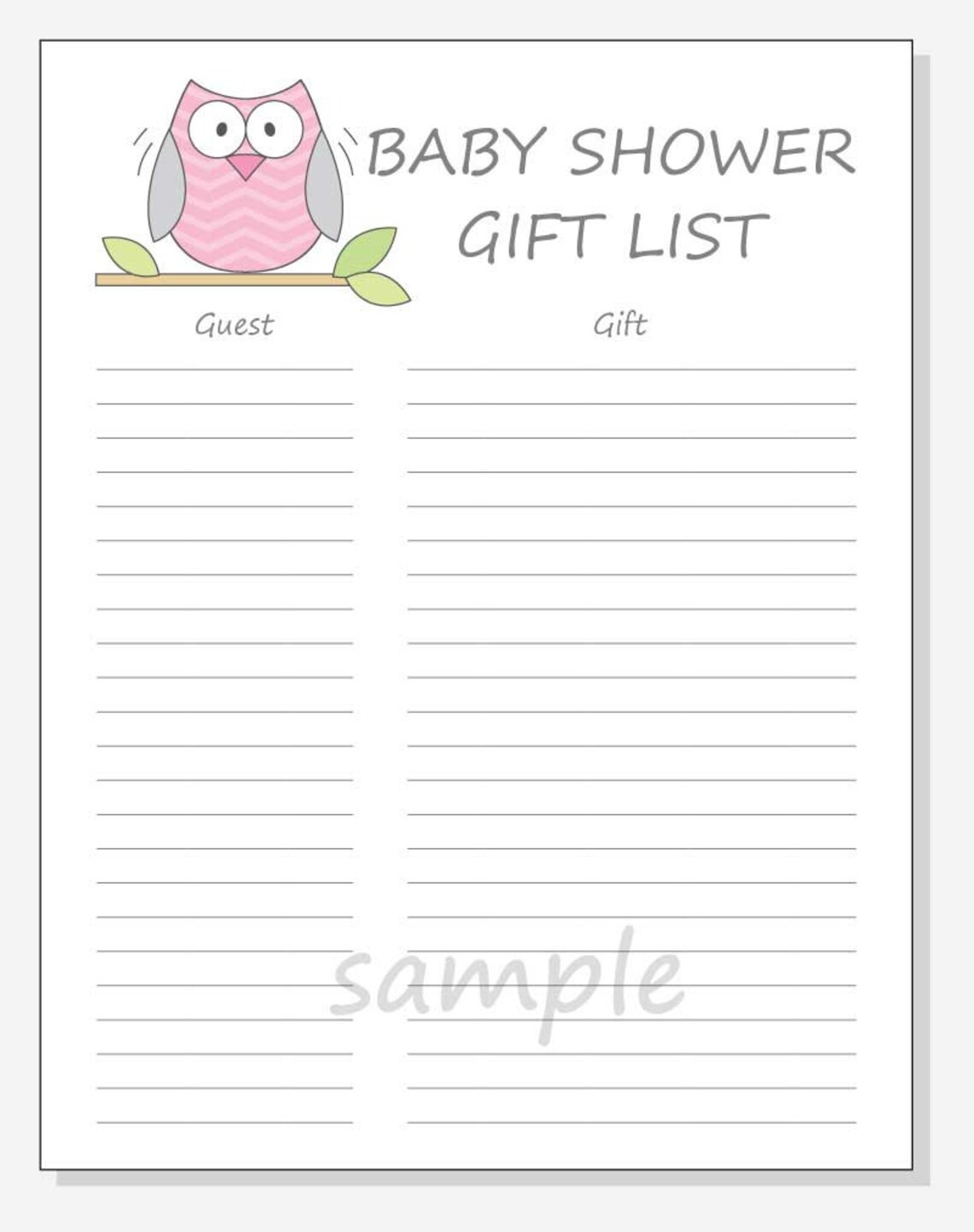 DIY Baby Shower Guest Gift List Printable Chevron Owl Design Etsy