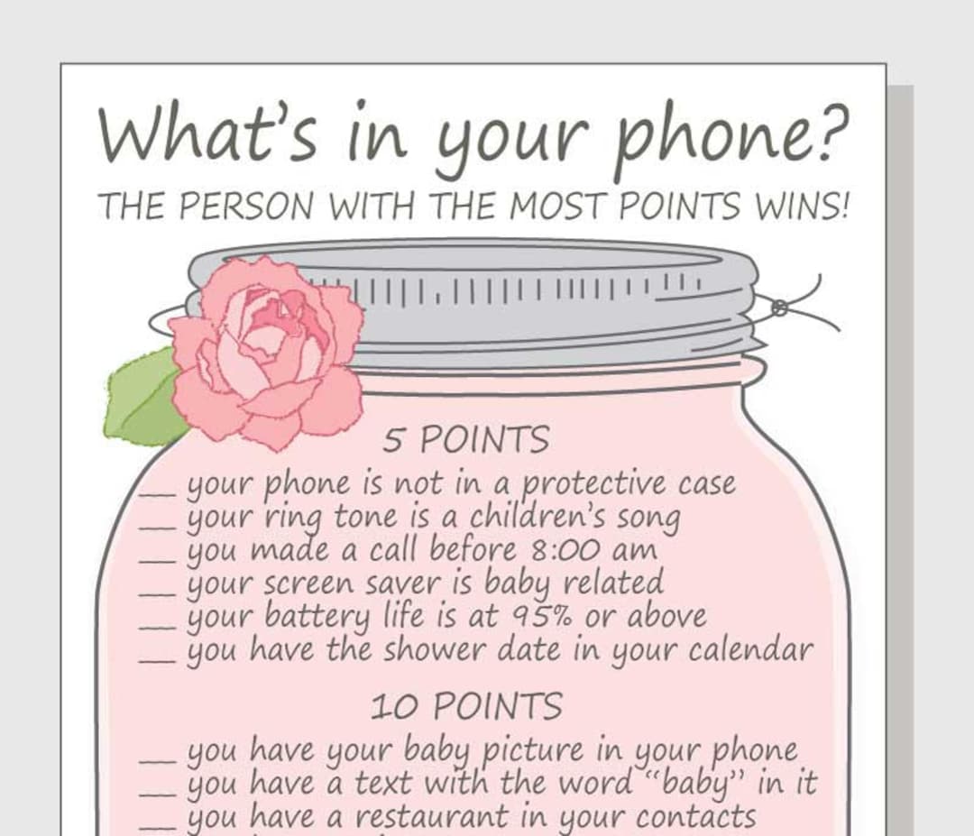 What's in Your Phone Baby Shower Roses Game Printable DIY Cell Phone