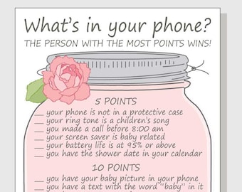 What's in your phone? Baby Shower Roses Game Printable DIY Cell Phone Mason Jar - Pink Vintage Rose Flowr for a Girl