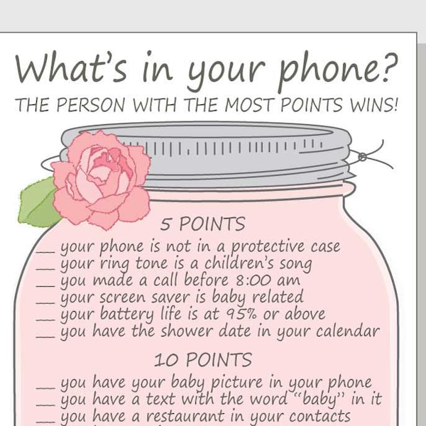 What's in your phone? Baby Shower Roses Game Printable DIY Cell Phone Mason Jar - Pink Vintage Rose Flowr for a Girl