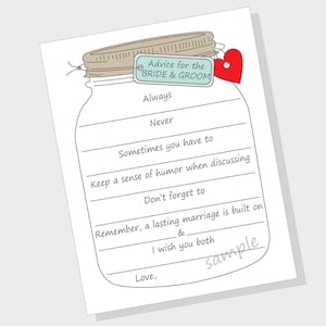 Ratschläge für die Braut & Bräutigam druckbare Karten für eine Hochzeit oder eine Bridal Shower DIY - Mason Jar Design - Immer, Nie, etc.