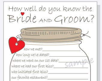 How Well Do You Know The Bride and Groom? Printable Cards - Bridal Shower Game DIY - Rustic Mason Jar Design - red, purple or pink hearts