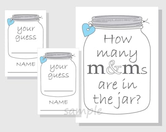 How many M&Ms are in the jar? Printable Game - Candy - Candies - Mason Jar - Gender Neutral Baby Shower - Bridal Shower - blue hearts