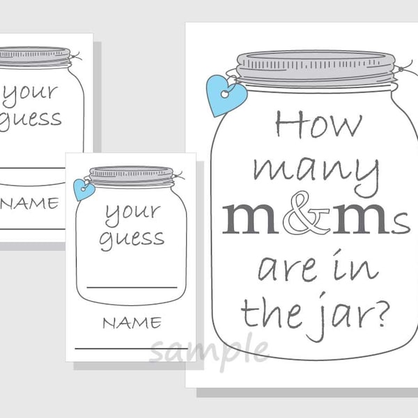 How many M&Ms are in the jar? Printable Game - Candy - Candies - Mason Jar - Gender Neutral Baby Shower - Bridal Shower - blue hearts