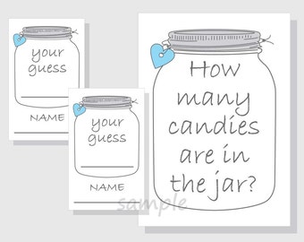 How many candies are in the jar? Printable Game - Candy - Mason Jar - Boy Baby Shower - Bridal Shower - blue hearts