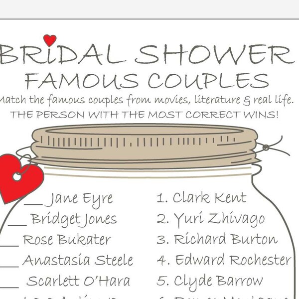 Bridal Shower FAMOUS COUPLES Printable Game Cards DIY - Rustic Mason Jar Design with Answer Key - red, purple & pink hearts