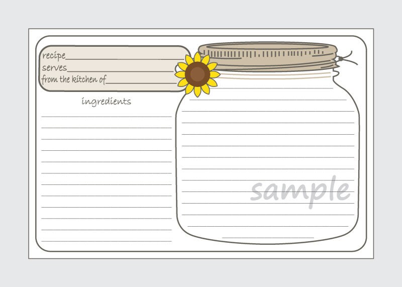 DIY Printable Mason Jar Recipe Cards With Sunflower 4x6 Size | Etsy