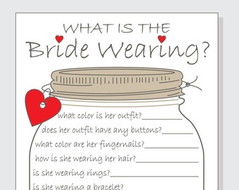 What is the Bride Wearing? Printable Cards - Bridal Shower Game DIY - Rustic Mason Jar Design - red, purple, pink or peach hearts