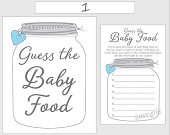 May include: A printable baby shower game with instructions to guess the flavor of each baby food jar. The game includes a blank space for each of the eight jars to write down the guess. The text "Guess the Baby Food" is written in a decorative font.