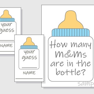 Hoeveel M&M's zitten er in de fles? Afdrukbaar babyshowerspel - Snoep - Snoepjes - Mason Jar - Genderneutrale babyshower - blauw jongen