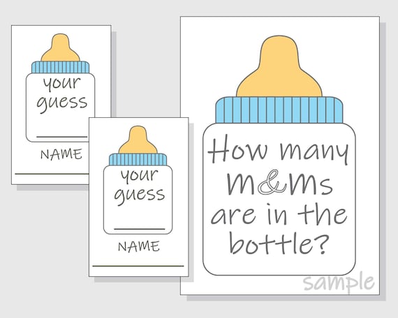 How many M&Ms are in the bottle? Printable Baby Shower Game - Candy -  Candies - Mason Jar - Gender Neutral Baby Shower - blue boy