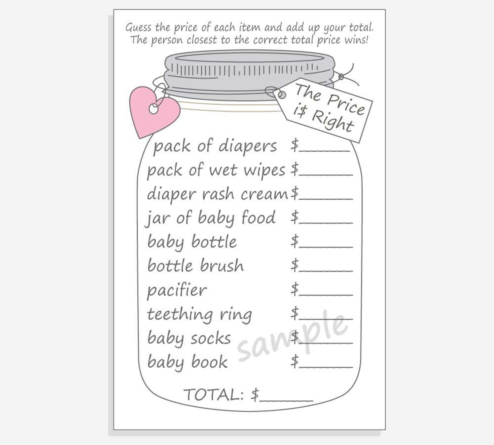 Price is Right Printable Mason Jar Game Cards for a Girl Boy Etsy