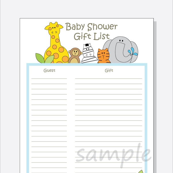 DIY Baby Shower Guest Gift List Printable - Jungle Animals Design with blue, pink or green border