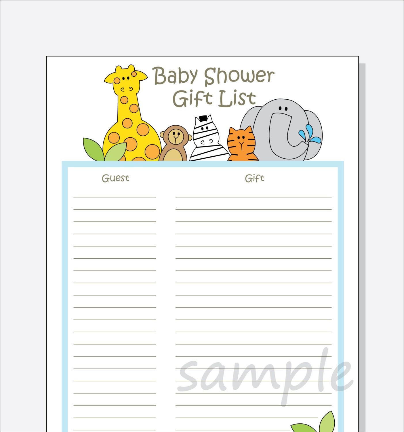 DIY Baby Shower Guest Gift List Printable Jungle Animals Etsy