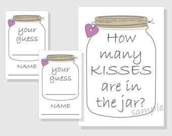 How many KISSES are in the jar? Printable Game - Rustic Mason Jar - Bridal Shower - Wedding Shower - purple hearts