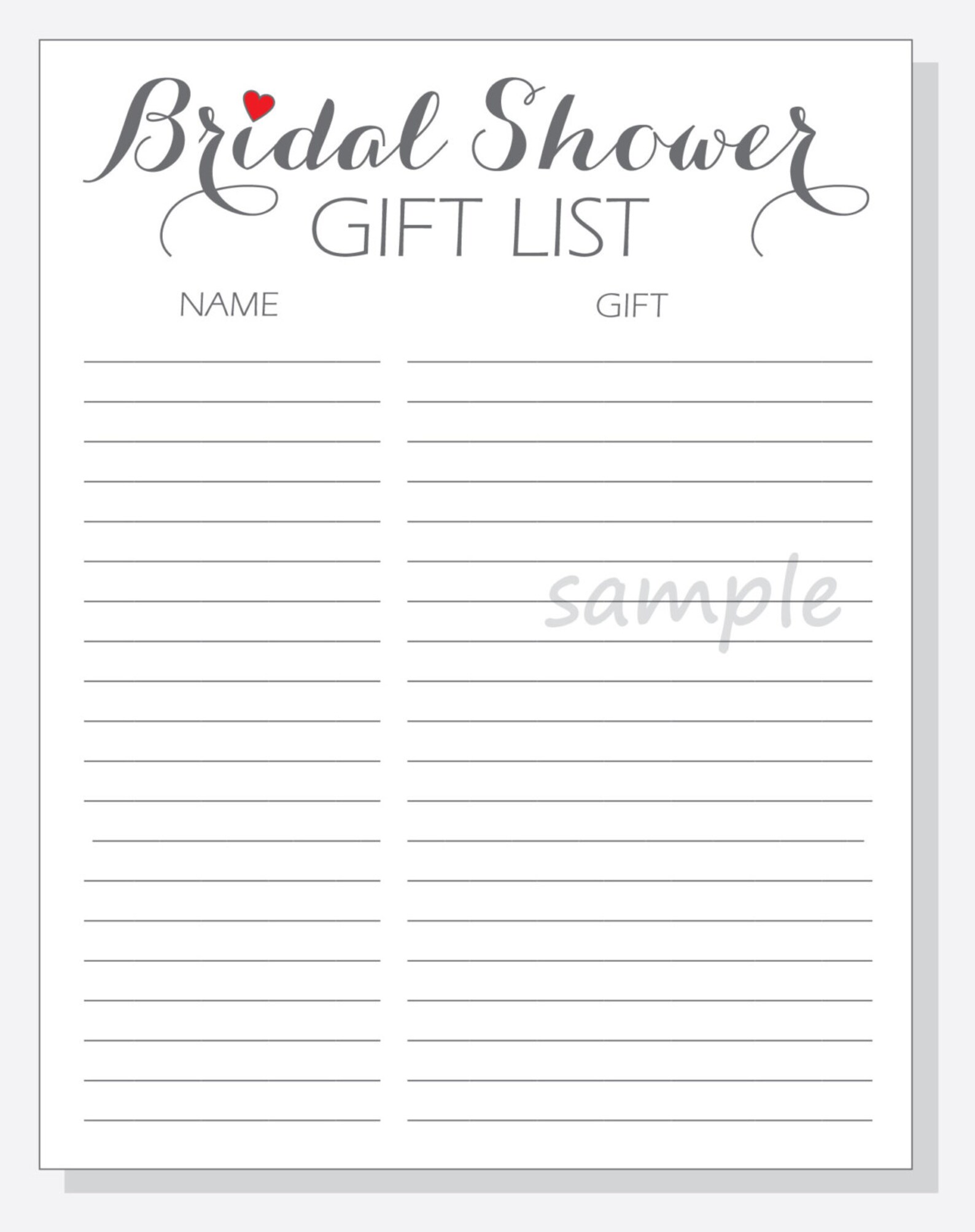 DIY Bridal Shower Gift List Printable Calligraphy Script - Etsy