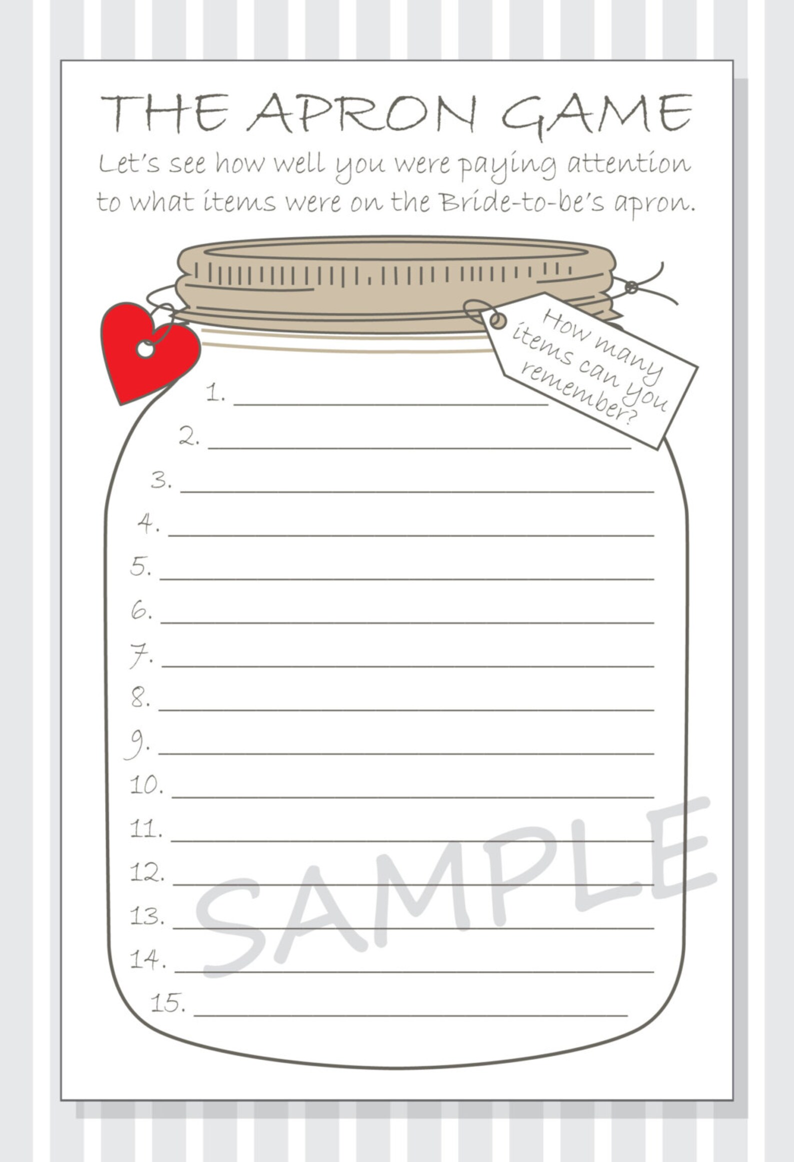 Bridal Shower the Apron Game Printable Cards DIY Rustic Mason Jar ...