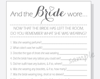 DIY And the Bride wore... Printable Cards - Bridal Shower Game - Calligraphy Design - clear, red, purple or pink heart