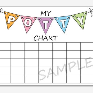 May include: A printable potty training chart with a banner at the top that says "MY POTTY CHART". The banner is made of five colorful triangles with the letters "P", "O", "T", "T", and "Y" in white.