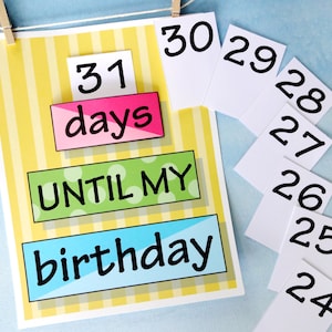 Calendrier d'anniversaire compte à rebours imprimable pour garçon ou fille - Modèle réutilisable - DIY