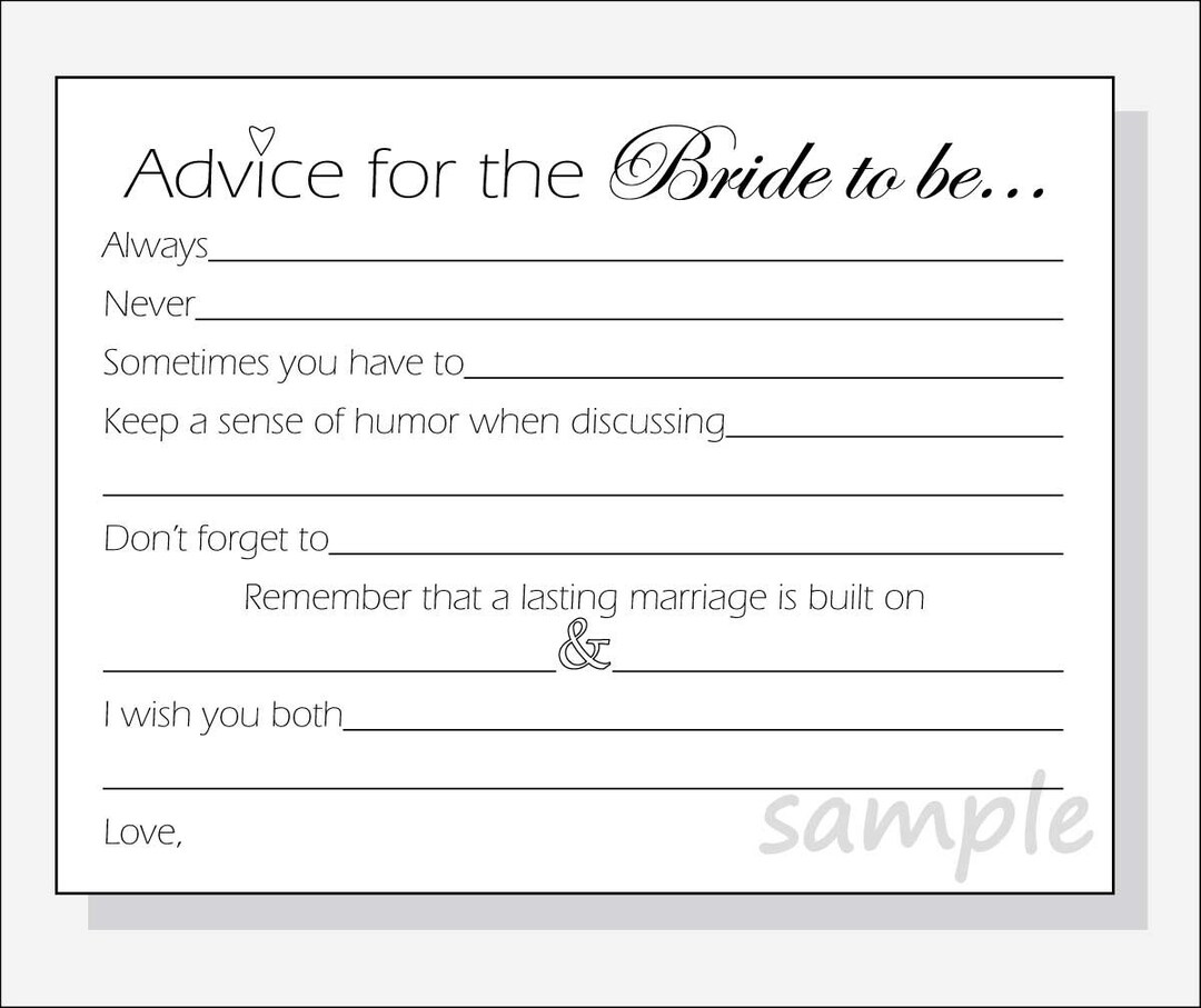 DIY Advice for the Bride to Be Printable Cards for a Bridal Shower Tiny