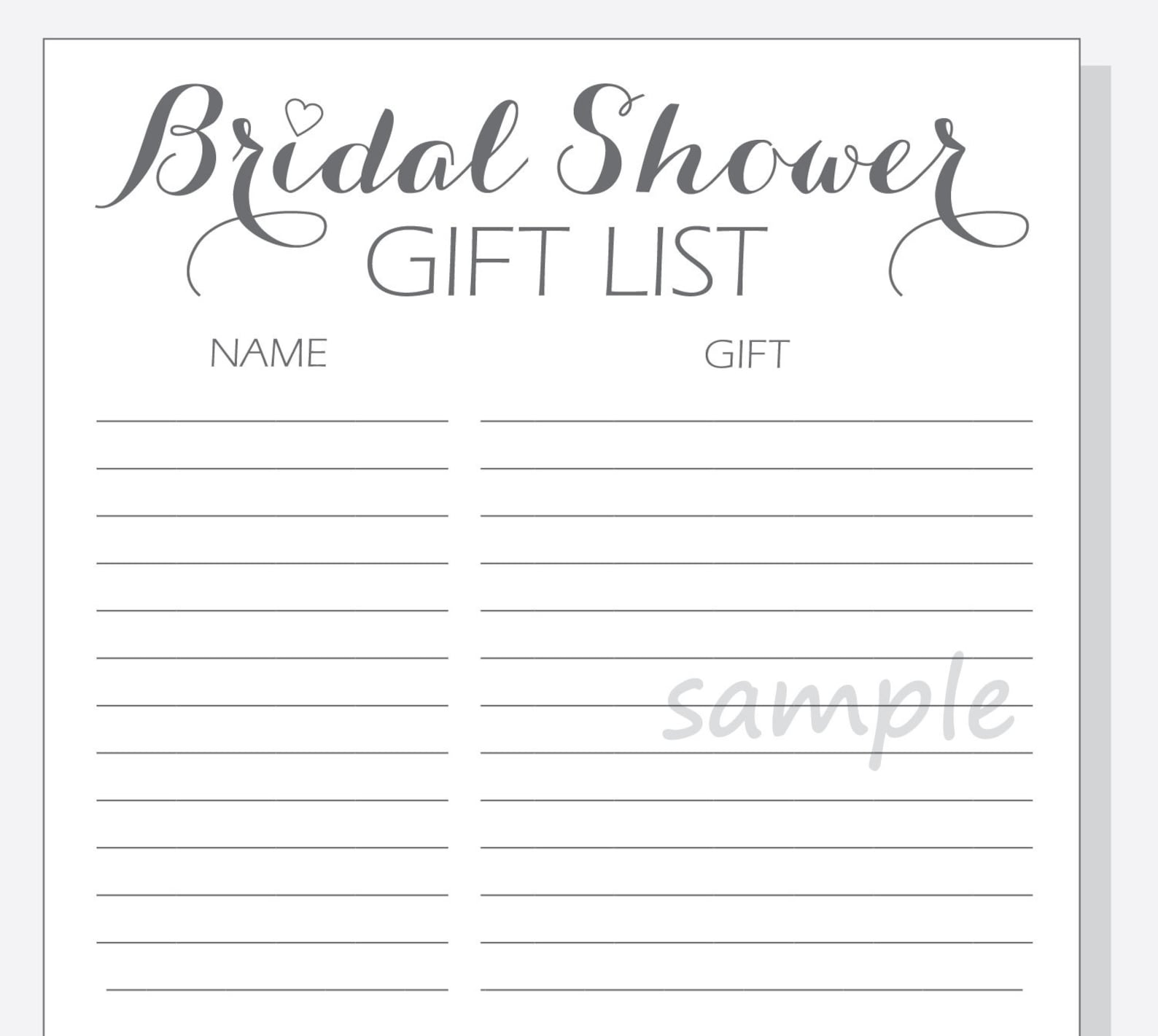 DIY Bridal Shower Gift List Printable Calligraphy Script Etsy