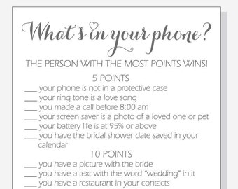 DIY What's in your Phone? Printable Cards - Bridal Shower Game - Calligraphy - clear, red, purple and pink hearts