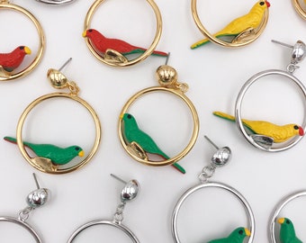 Retro Novelty Parrot Bird Hoop Earrings, Parrots on Parade, Bridesmaid Gift