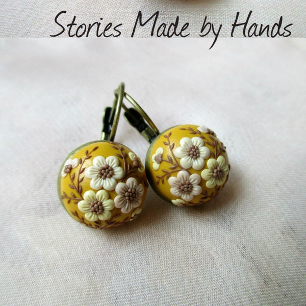 MADE TO ORDER Picnic Autumn Jewelry Yellow Ocher Earrings Fall Drop Earrings for Her Polymer Clay  Embroidery Flowers Stories Made By Hands