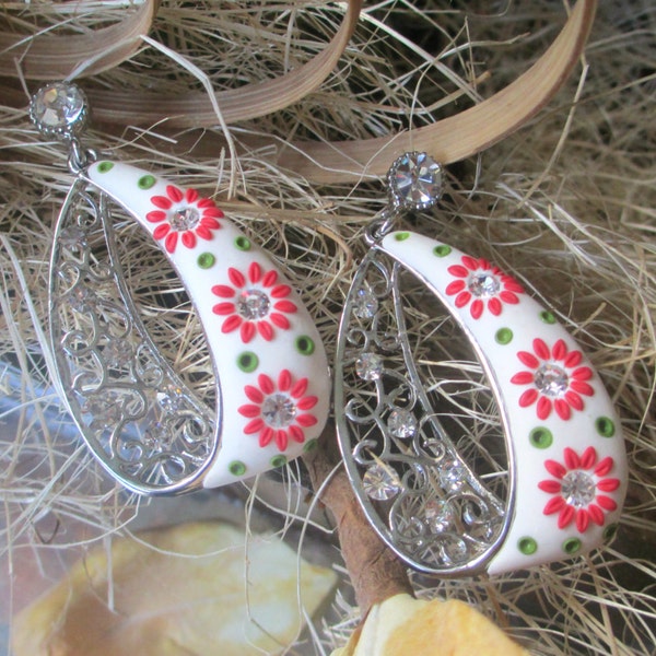 Snow white and red flowers with rhinestones by Lena Handmade Jewelry Polymer clay Embroidery / Applique Earrings