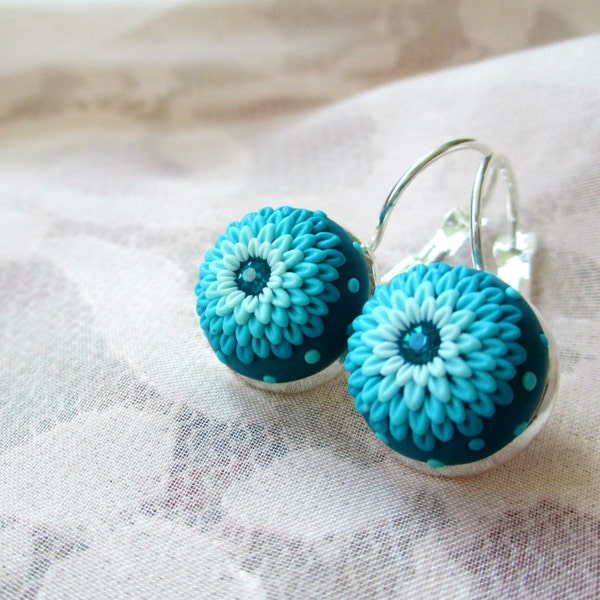 Ocean Blue Turquoise Snow Blue Earrings by Lena Handmade Jewelry Christmas gift Winter Embroidery Applique