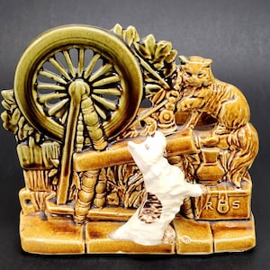 McCoy Spinning Wheel Cat & Dog Planter c1950's