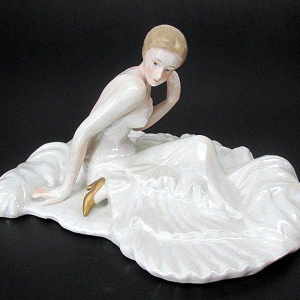 Vintage Porcelain Lady Figurine Iridescent Pearl Dress Unmarked Royal Dux ??