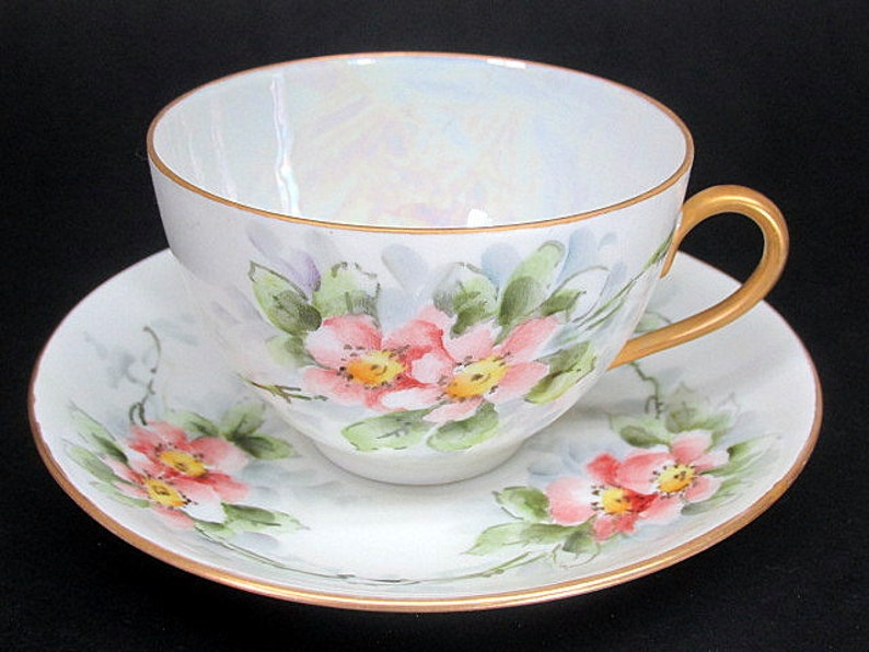 Mz Altrohlau Tea Teacup Cup /& Saucer c1930/'s Pink Floral Golden Pearl