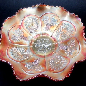Fenton Peacock & Grape Marigold Carnival Glass Bowl c1911