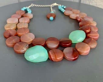 Red Agate and Green Chalcedony Pebbles Necklace
