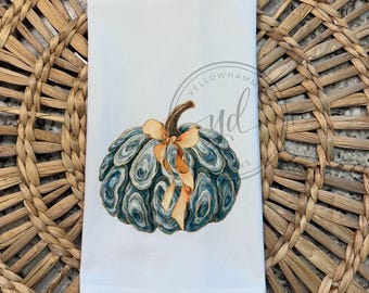Coastal fall kitchen tea towel, coastal oyster shell pumpkin fall thanksgiving decor,  thanksgiving hostess gift tea towel