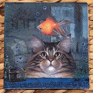 Set of 2 cat and fish bowl cocktail size napkins for decoupage, coastal napkins for crafting, cat napkins, decoupage craft supplies