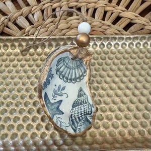 Seashell print decoupage oyster shell ornament, gold edge painted Christmas ornament, ornaments for gifting, genuine oyster shell ornaments