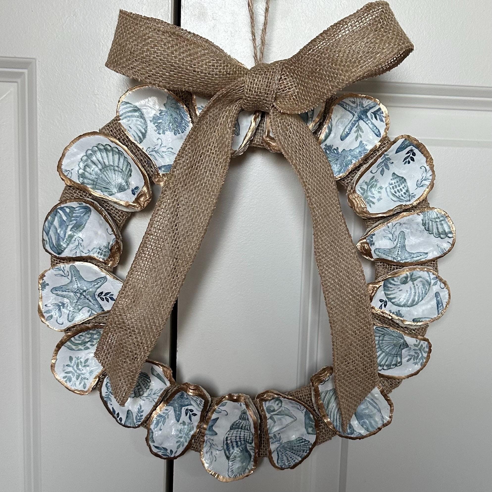 Coastal themed decoupaged oyster shell wreath, beach ocean coastal home decor gift idea, genuine oyster shells hand trimmed in gold