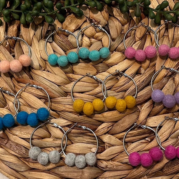 Pom pom felt balls hoops, dangle earrings, multi color earrings, trendy earrings, lightweight, minimalist