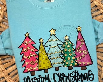 Merry Christmas trees faux glitter Comfort Colors sweatshirt,  trendy holiday season Comfort Colors sweatshirt chalky mint