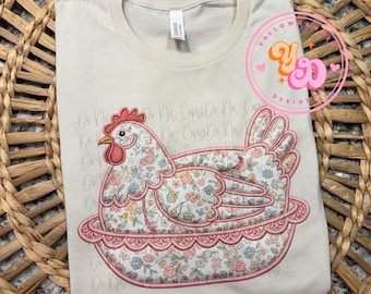Sitting Hen Faux Embroidered DTF Adult Bella Canva short sleeve tee shirt - vintage hen shirt