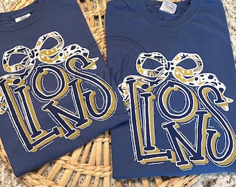 Lions mascot bow shirt, lions school spirit shirt, lions shirt, comfort colors shirt, school spirit wear