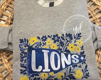 Lions navy gold bow mascot pennant youth adult Gildan sport grey sweatshirt - lions team mascot spirit school
