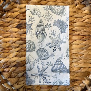 Set of 2 blue white shell dinner napkins for decoupage, beach napkins, ocean napkins, craft supplies, oyster shell, coastal napkins