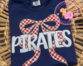 Pirates mascot bow shirt, red navy blue pirates school spirit shirt, pirates shirt, comfort colors shirt, school spirit wear