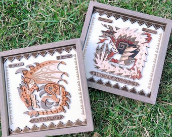 Marcos de madera para obras de arte de Monster Hunter Rathalos y Stygian Zinogre, regalos hechos a mano
