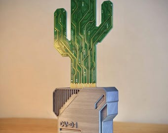 Decoración de escritorio con circuito impreso de cactus cibernético con base magnética, regalo para ingenieros, oficina, geeks, gamers, adorno futurista para el hogar.